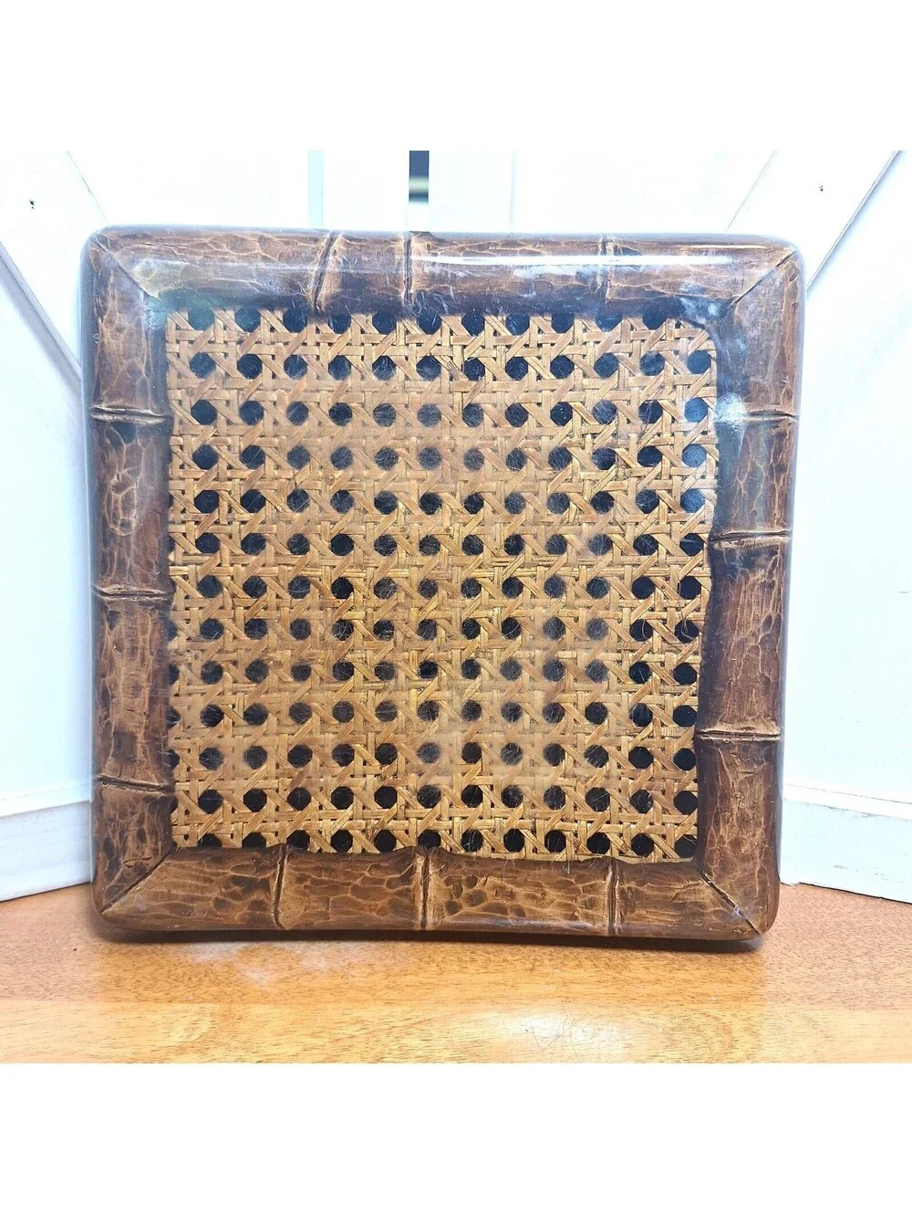 Vintage Acrylic MCM Rattan Wicker Wood Trim Footed Trivet 7.5 X 7.5